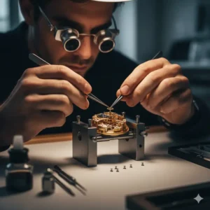 Skilled watchmaker meticulously assembling the movement of a luxury timepiece, showing the dedication behind the best American made watches.