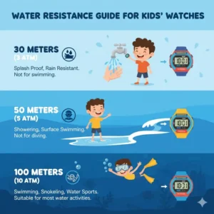Chart explaining the different water resistance depths (e.g., 30m, 50m) to help parents choose the right waterproof watch for kids. 