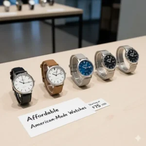 Collection of several affordable American watch models lined up for sale, detailing their competitive price points.