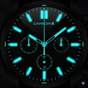 The bright, clear luminescence of the carbonX watch hands and markers in low light conditions.