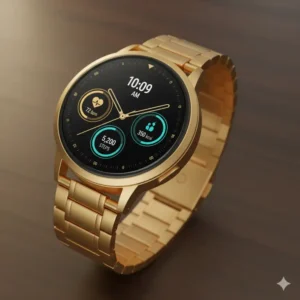 4-gold-metal-smartwatch-face: A stylish gold metal smartwatch face displaying a customizable watch face with health data icons. 