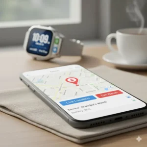 Screen capture showing the GPS location tracking feature on a companion app, used in conjunction with specialized digital watches for elderly.