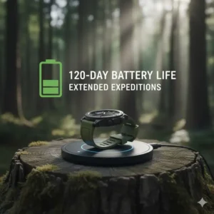 A durable hunting watch on a charging pad, highlighting its long battery life for extended hunts. 