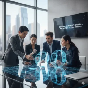 A team of engineers and designers reviewing CAD drawings of a new model, typical of specialized smart watch suppliers. 