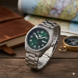 The durable Seiko 5 Sports on a steel bracelet, a highly recommended model for the best automatic watches under 500 dollars.