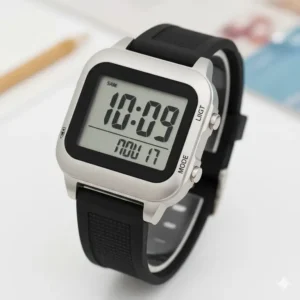 Simple digital watch for elderly woman with an extra-large display showing time and date clearly. 