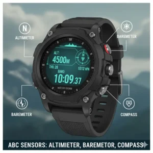 Image of a tactical watch face displaying ABC (Altimeter, Barometer, Compass) sensor readings crucial for the serious outdoorsman.