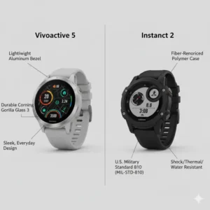 Infographic illustrating the typical battery life of the Garmin Vivoactive 5 vs Instinct 2, useful for users comparing endurance. 