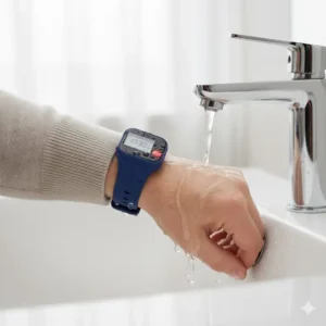 The tracker bracelet for elderly being worn in a light shower or by a sink, demonstrating its waterproof and durable design.