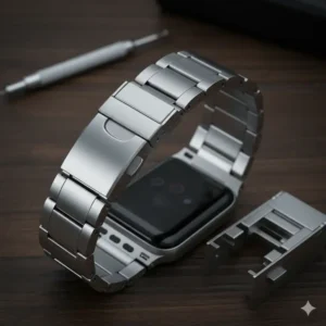 5-durable-metal-smartwatch-band: Detailed shot of a durable metal smartwatch link band, emphasizing the quality and clasp mechanism. 