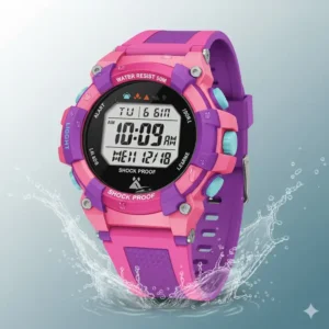 A vibrant pink and purple waterproof watch for kids, featuring a fun, colorful design suitable for swimming. 