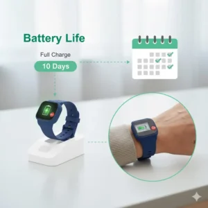 An infographic or illustration depicting the long-lasting battery life and easy charging cradle for the tracker bracelet for elderly device.