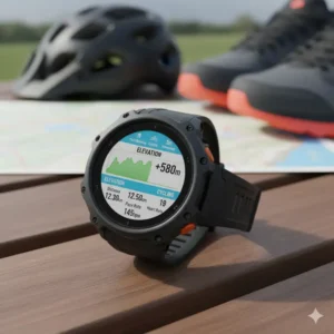 Screenshot of the multi-sport mode on the activity tracker with altimeter, highlighting cycling and trail running metrics with elevation data. 