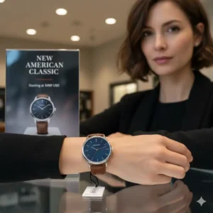 A model wearing a newly released American watch with the retail price tag visible in the background.