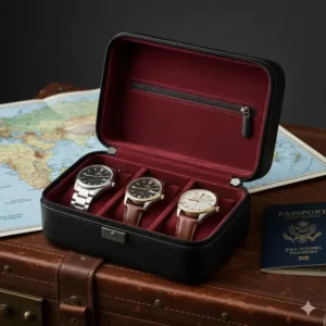 A durable, zippered portable watch travel case holding three wristwatches safely, vital for protecting valuable watches accessories.