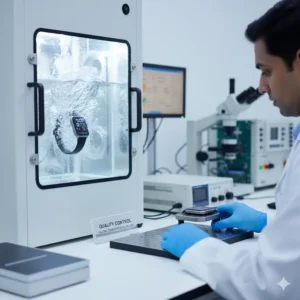 A close-up of a technician performing water resistance testing on a finished watch, highlighting the QC process of reputable smart watch suppliers. 