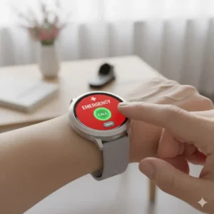 Smartwatch for elderly woman that includes a medical alert or emergency call function. 