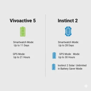 Close-up image highlighting the rugged, military-standard build of the Instinct 2 next to the sleek, everyday design of the Vivoactive 5 vs Instinct 2. 