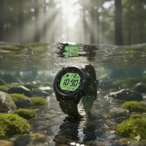 Waterproof hunting watch submerged in shallow water to illustrate its resistance and durability. 