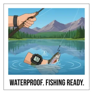 A picture of a durable, waterproof outdoorsman watch submerged partially in water while someone is fishing.