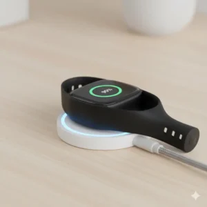 A black smartwatch charging wirelessly on a pad, highlighting battery life of Android Watches USA.