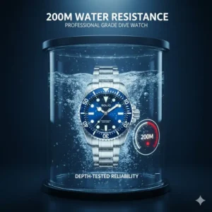 The water resistance rating on a dive watch, confirming its 200m or greater depth capability for professional diving.