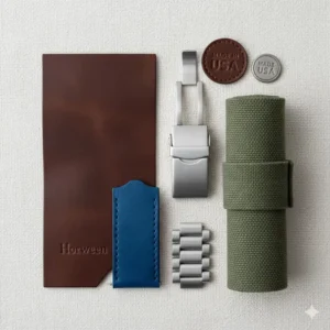 A selection of high-quality, durable materials used for straps on the best American made watches, such as Horween leather or aerospace-grade stainless steel.