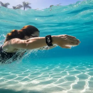 Underwater view of the best fitbit for swimmers being used to track an intense workout. 
