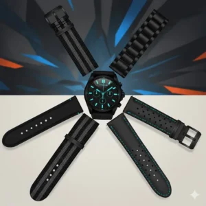 A display of the various strap options available for the modern carbonX watch collection.