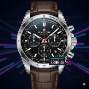 Detailed shot of a sophisticated chronograph watch dial, a premium timepiece offered at a great discount for cyber monday watch deals shoppers.