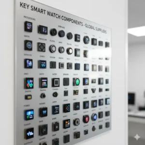 A display board showing various components like sensors and chipsets used by smart watch suppliers. 