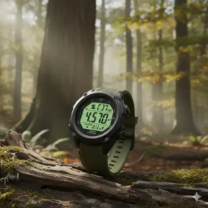 Display screen of a premium hunting watch showing altimeter and barometer readings. 