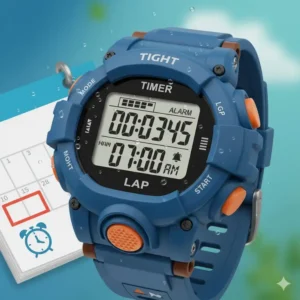 Display screen of a waterproof watch for kids showing the timer and alarm functions, useful for daily routines. 