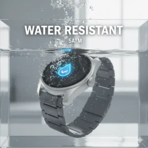 6-metal-smartwatch-water-resistance: Graphic of a metal smartwatch being submerged in water, illustrating its water resistance capabilities. 