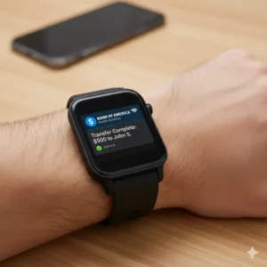 A notification for a completed bank transfer displayed on an Android watch face, common in the USA.