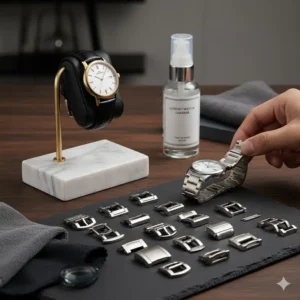 A modern, stylish single watch display stand made of marble and metal, perfect for showcasing your favorite watches accessory.