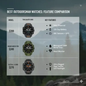 A detailed comparison chart outlining the key features and prices of the best outdoorsman watches on the market.