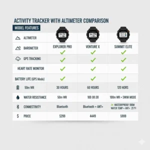 Comparison table illustrating the key differences between various models of activity tracker with altimeter functionality. 