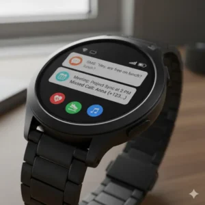 7-black-metal-smartwatch-interface: Clear image of a black metal smartwatch showing its user-friendly interface for notifications and apps. 