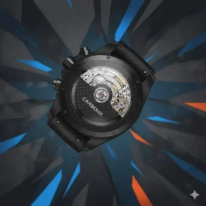 Detailed shot of the precision movement inside the innovative carbonX watch.