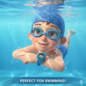 An illustration of a child swimming in a pool, demonstrating the reliability of a waterproof watch for kids during water activities. 