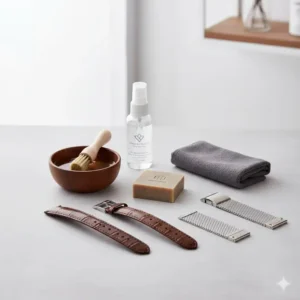 Essential cleaning kit for maintaining the longevity of leather and metal watch straps and accessories.