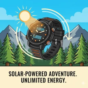 A photo of a solar-powered adventure watch being recharged naturally by sunlight during an outdoor excursion.