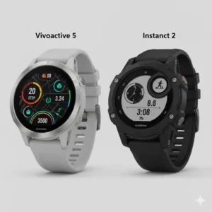 Stylized illustration showing a casual fitness enthusiast wearing a Vivoactive 5 and an outdoor adventurer wearing an Instinct 2, depicting their ideal users in the Vivoactive 5 vs Instinct 2 context. 