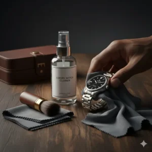 Watch cleaning and polishing kit with specialized solution, brush, and micro-fiber cloth to maintain the shine of watches accessories.