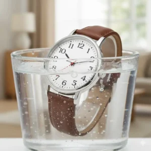 Display of a water-resistant watch for elderly woman, emphasizing durability and practicality for seniors. 