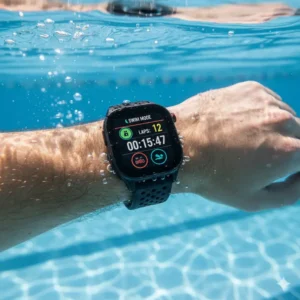 A swimmer wearing a waterproof smartwatch underwater, tracking laps with Android Watches USA.
