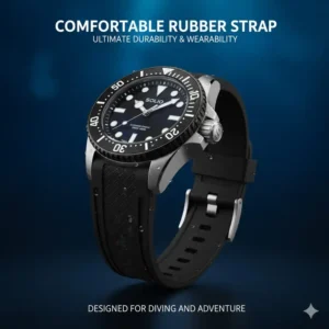 A durable and comfortable rubber strap attached to one of the best dive watches under 1000, suitable for water sports.