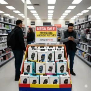 Budget-friendly Android smartwatches in their boxes on a shelf in a store in the USA.