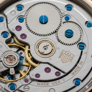 Technical shot of a finely finished automatic movement designed and built in the United States, a sign of the best American made watches.